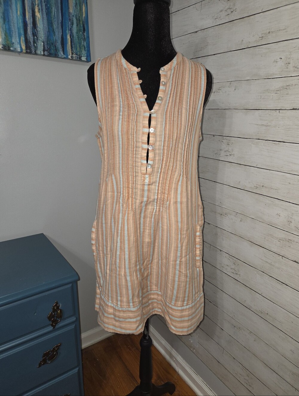 Faherty Peach and White Striped Sleeveless Mini Dress, XS, Organic Cotton Comfy